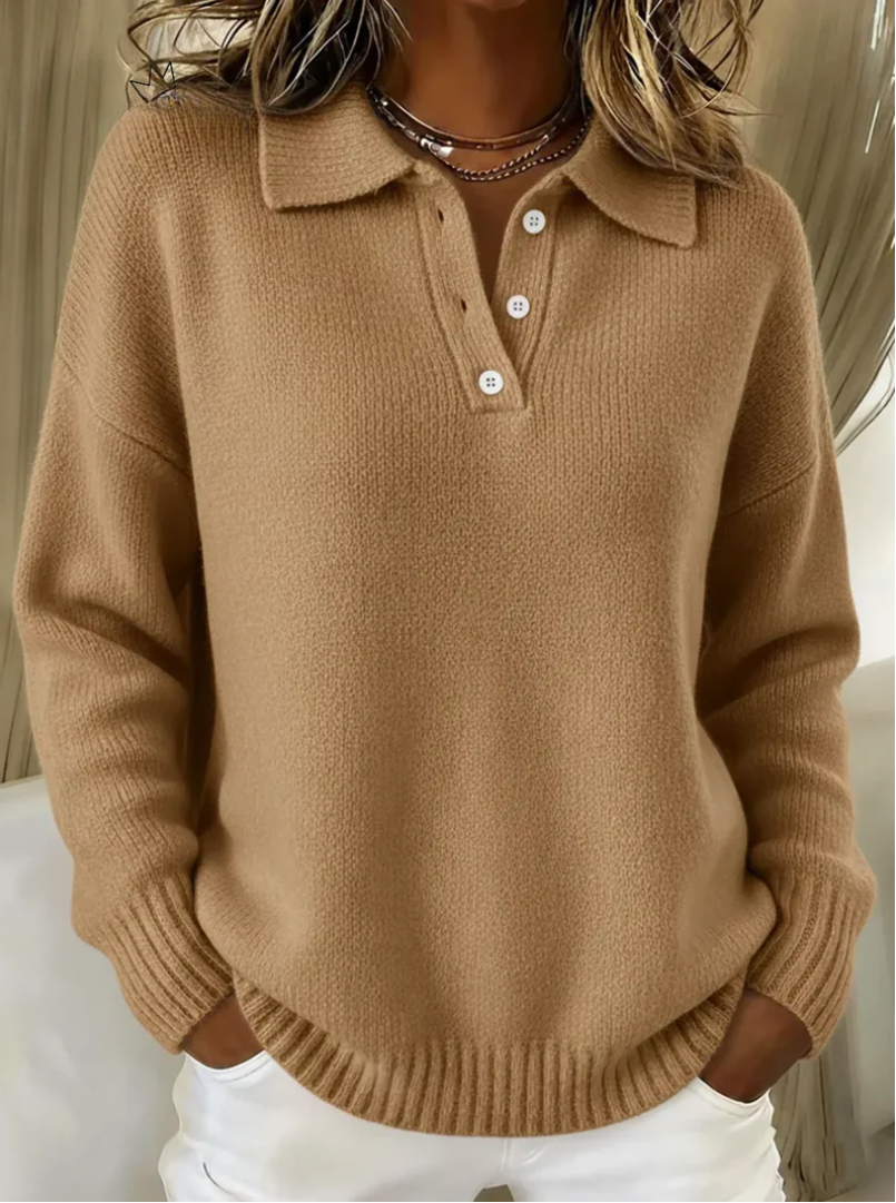 Women's long-sleeve polo collar knit sweater with button placket and ribbed trims