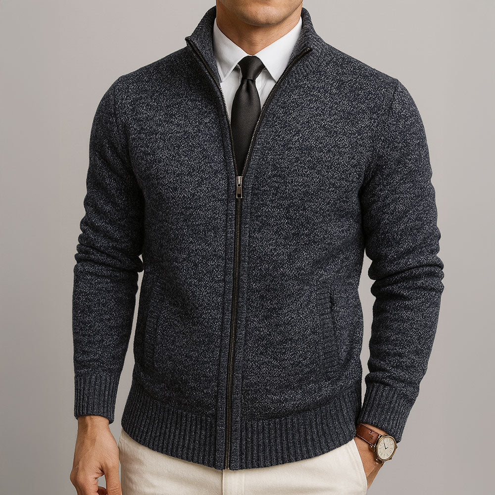 Men's plain knit zip-up cardigan with high collar, long sleeves and zipped pockets