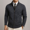 Men's plain knit zip-up cardigan with high collar, long sleeves and zipped pockets
