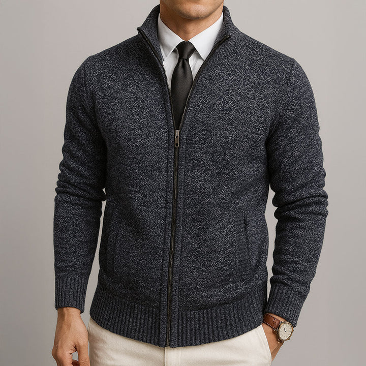 Men's plain knit zip-up cardigan with high collar, long sleeves and zipped pockets