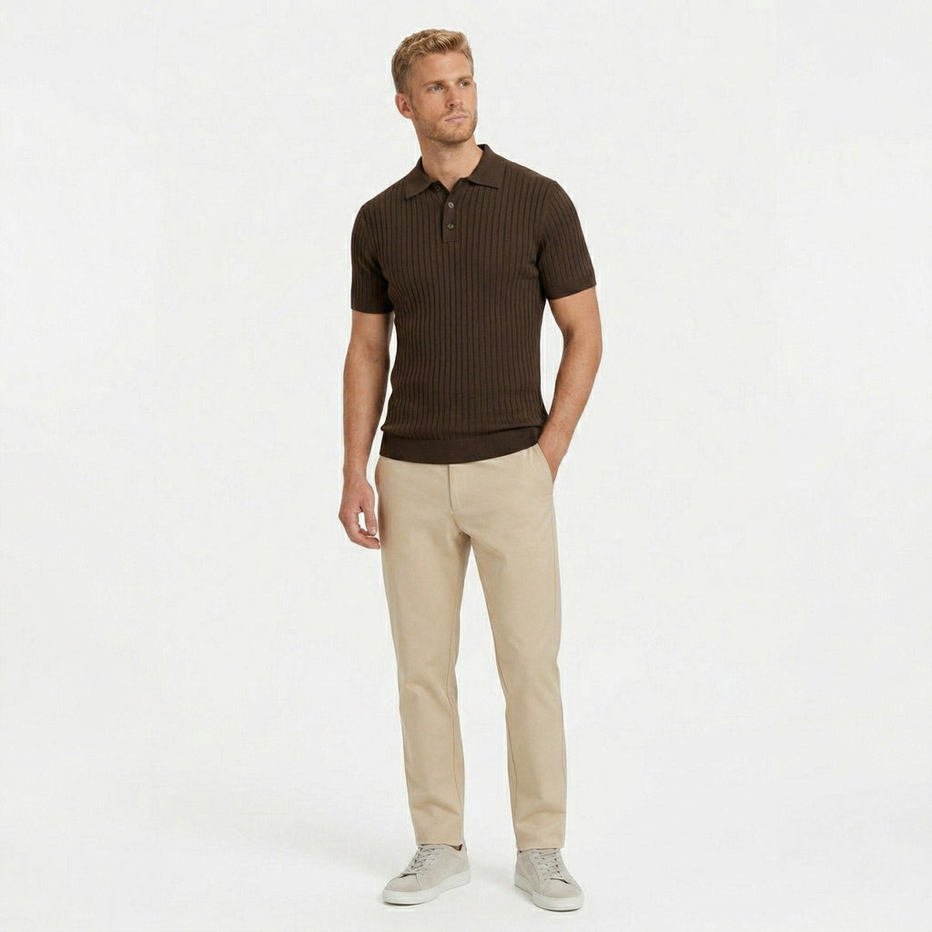 Men's ribbed knit polo shirt with short sleeves and button placket