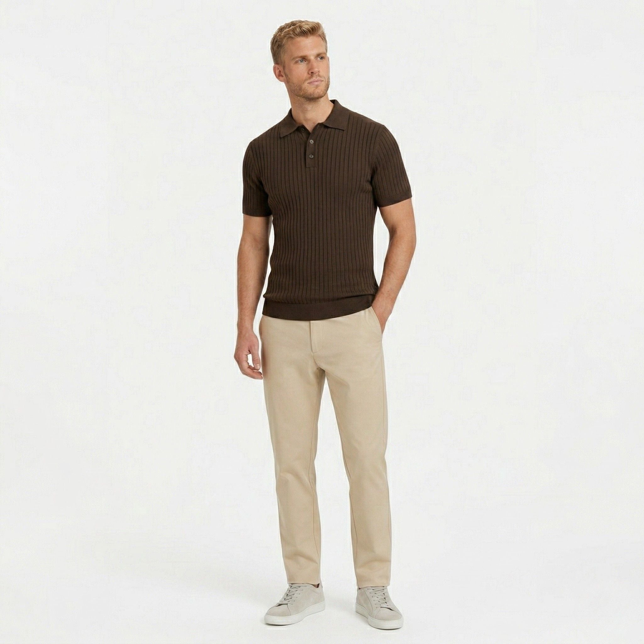 Men's ribbed knit polo shirt with short sleeves and button placket