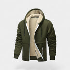 Men's hooded zip cardigan with contrasting sherpa-style lining