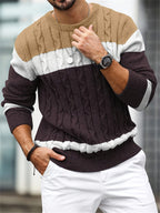 Men's long-sleeve colour-block cable knit sweater with crew neck