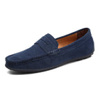 Men's penny loafers with stitched apron toe and flat outsole