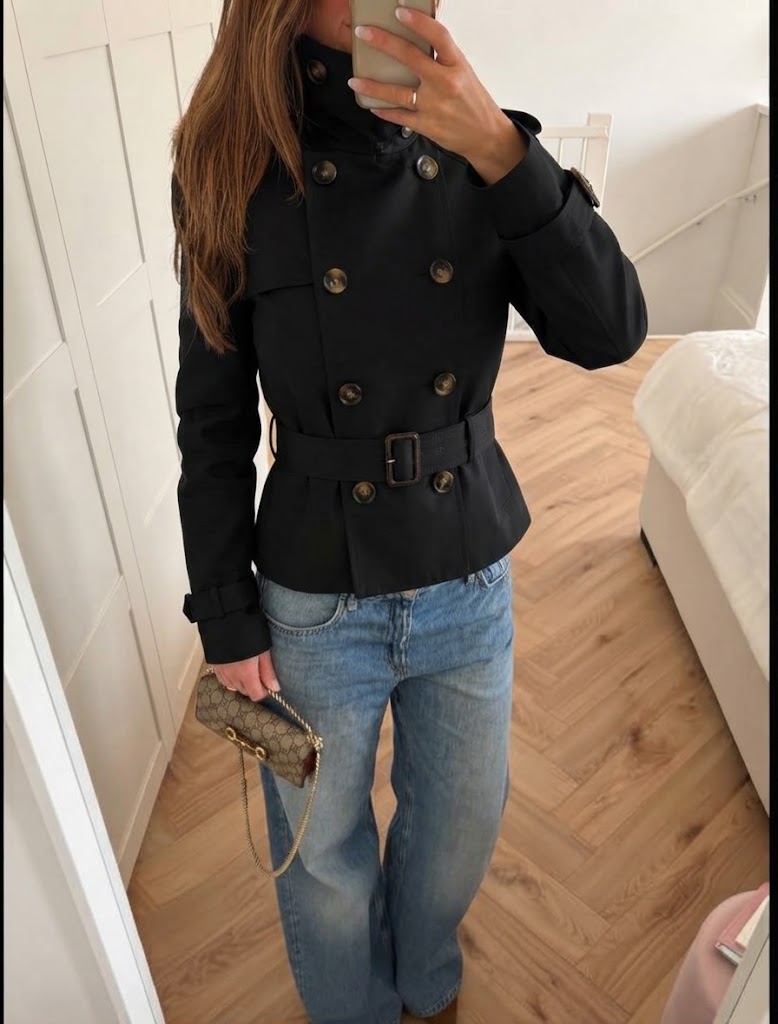 Women's Navy Cropped Trench Coat, Belted, Long Sleeves