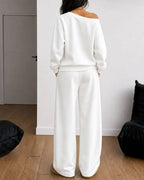 Women's one-shoulder sweatshirt and wide-leg trouser set