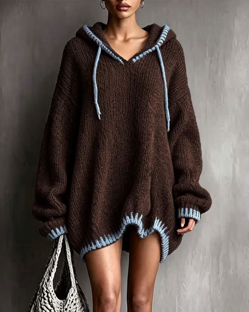 Women's brown hooded knitted mini dress with pale blue contrast trim