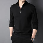 Men's plain long-sleeved quarter-zip sweater with a raised mock neck