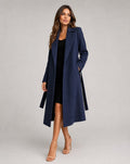 Women's navy longline wrap coat with notched lapels and tie belt
