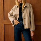 Women's beige cropped trench jacket with checked cuffs