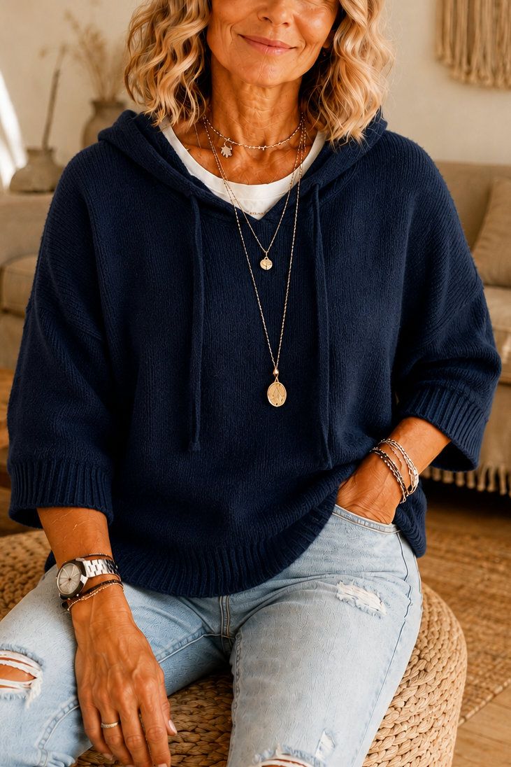 Women's open-knit hoodie with drawstring hood and short sleeves