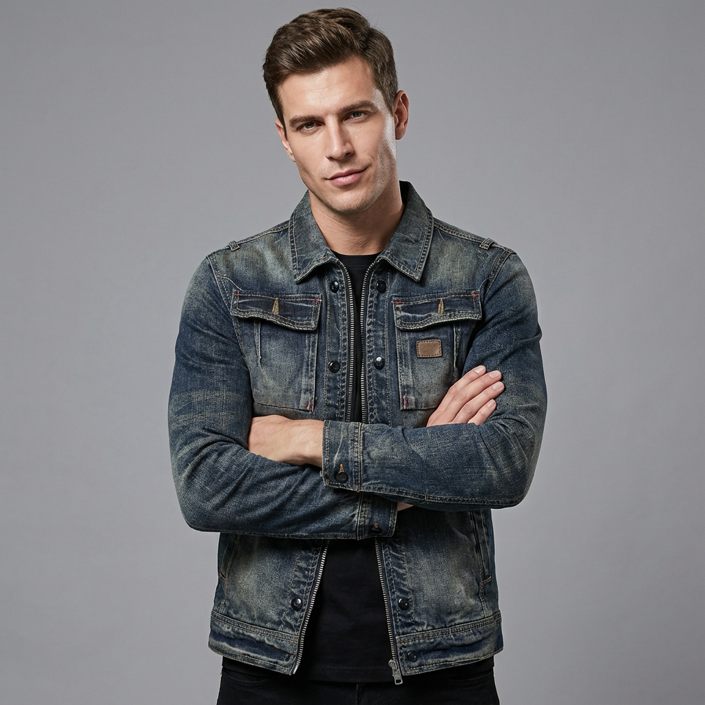 Men's faded blue denim jacket with long sleeves, zip front and chest pockets