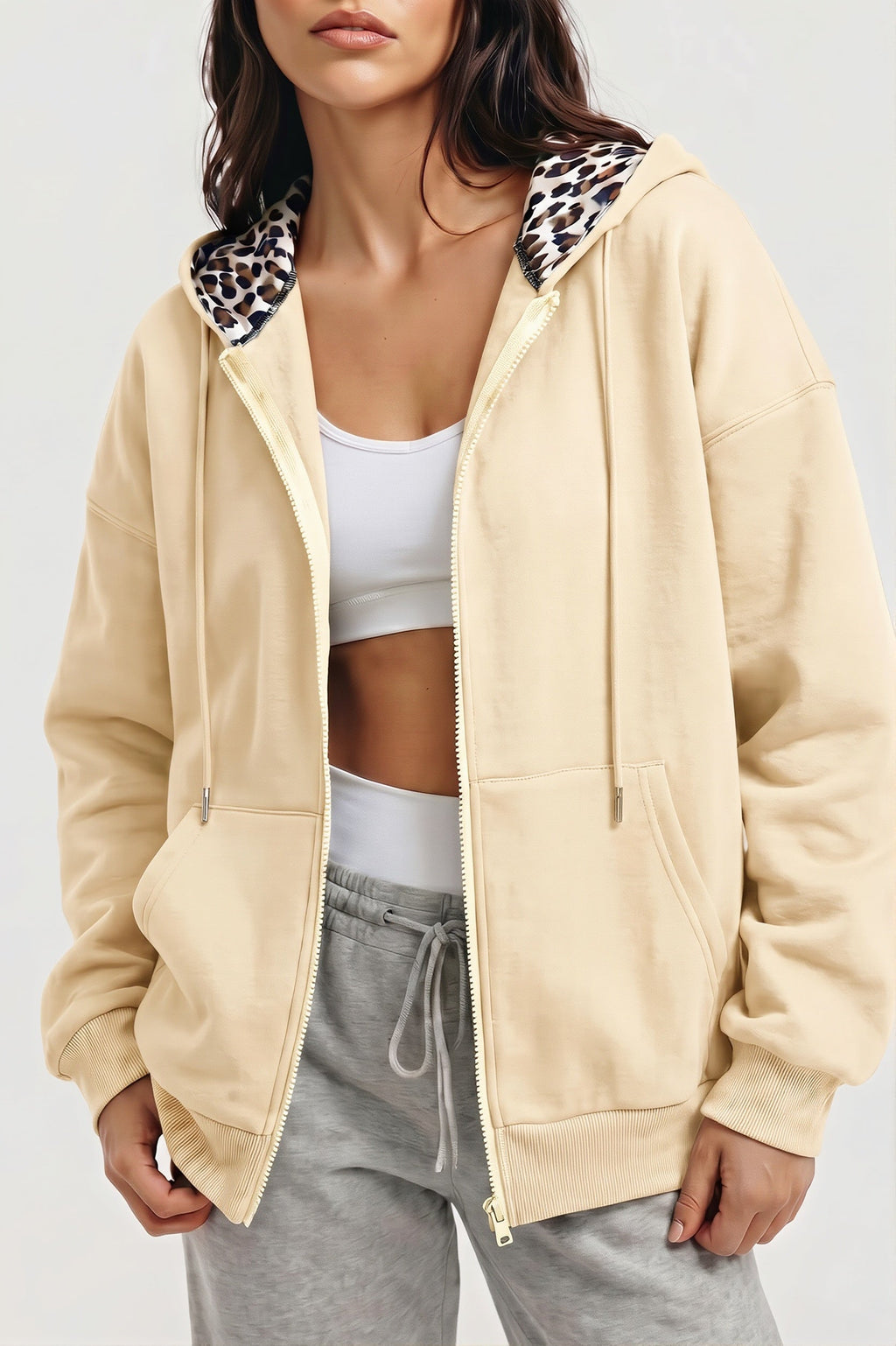 Women's oversized zip hoodie with leopard-lined hood and front pockets
