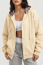 Women's oversized zip hoodie with leopard-lined hood and front pockets