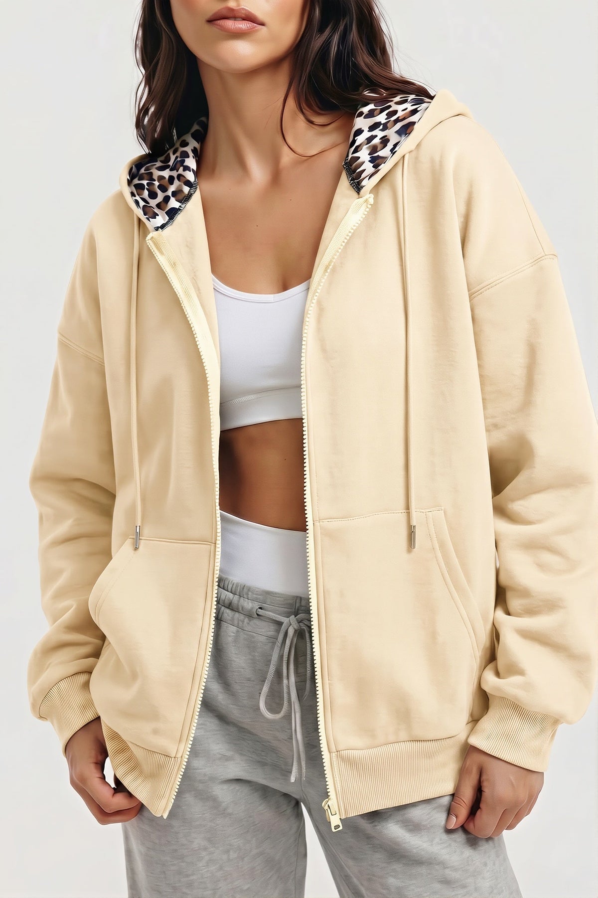 Women's oversized zip hoodie with leopard-lined hood and front pockets