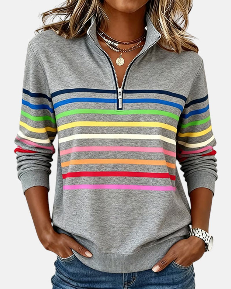 Women's striped quarter-zip sweatshirt with stand collar and long sleeves
