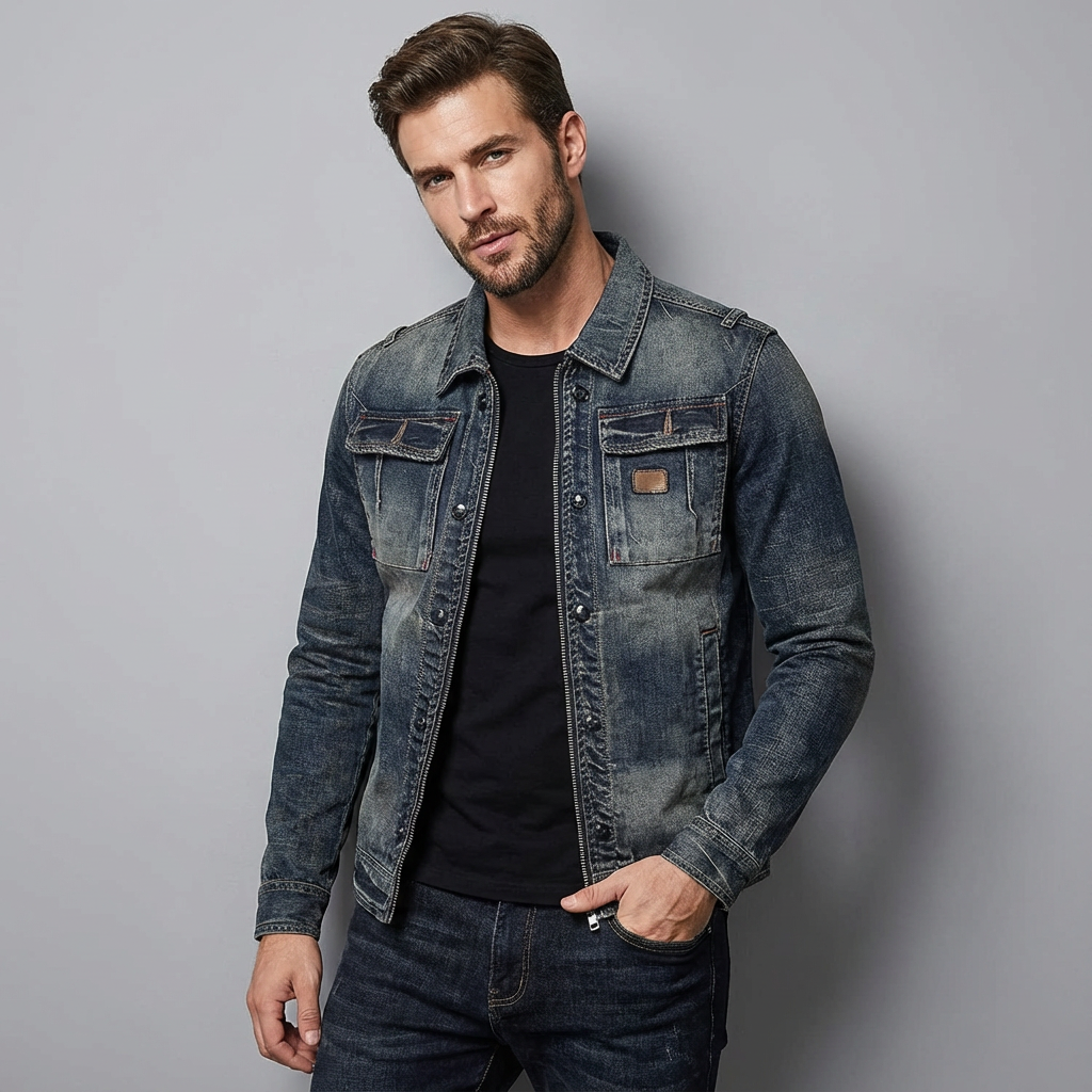 Men's faded blue denim jacket with long sleeves, zip front and chest pockets