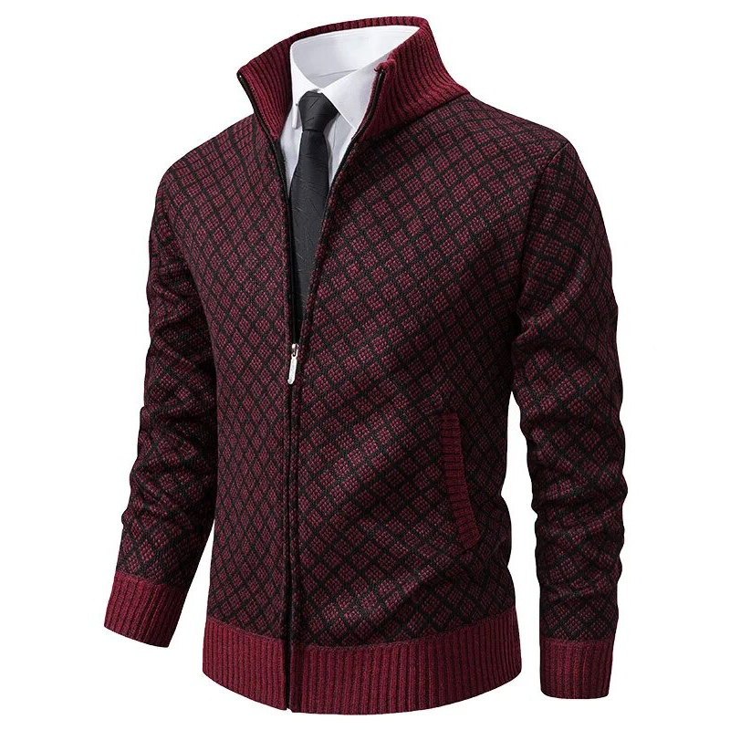 Men's diamond pattern zip-front sweater with stand collar