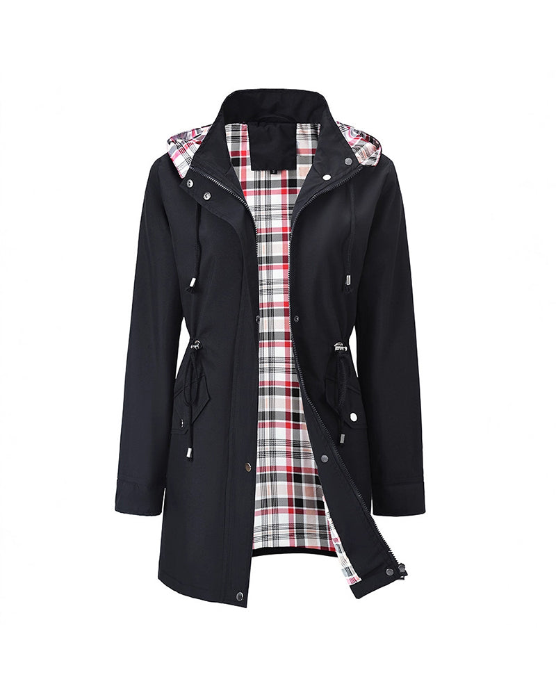 Women's long hooded coat with checked lining, zip front and drawstring waist