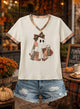 Women's Ghost Graphic T-Shirt, Plaid Trim, Crew Neck, Cream