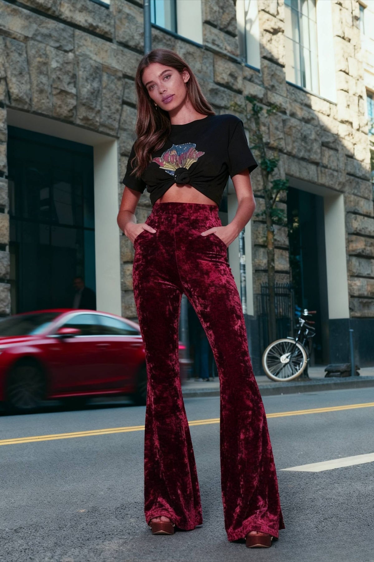 Woman wearing high-waisted wide-leg flared velour trousers