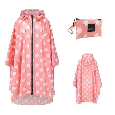 Patterned unisex hooded rain poncho with zip front and matching pouch