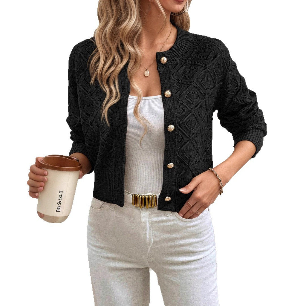 Women's cropped openwork knit cardigan with geometric pattern and button front
