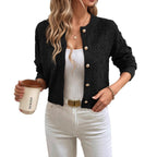 Women's cropped openwork knit cardigan with geometric pattern and button front