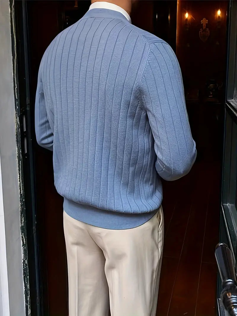 Men's ribbed button cardigan with V-neckline and long sleeves
