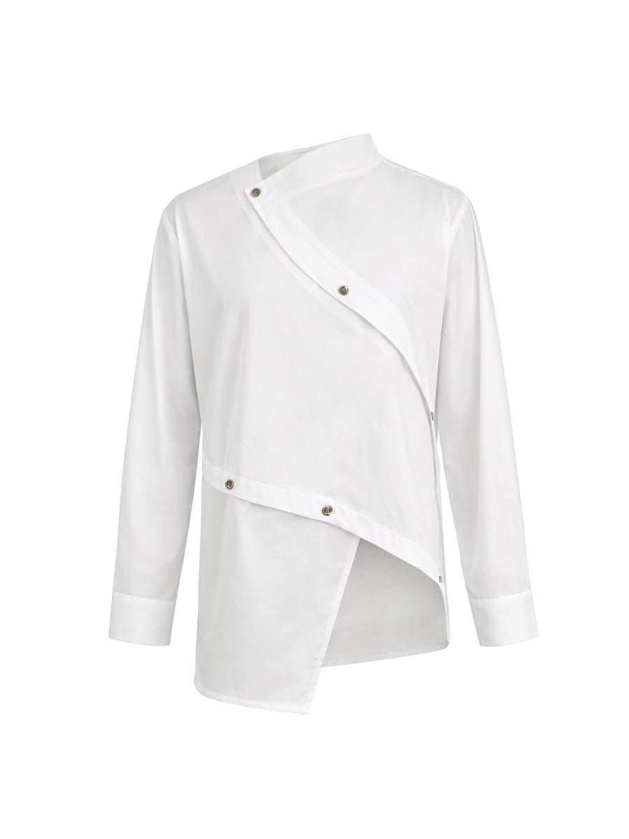 Women's white asymmetric button front blouse with long sleeves