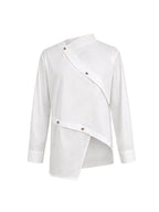 Women's white asymmetric button front blouse with long sleeves