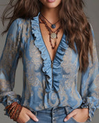 Women's paisley blouse with ruffled V-neck and sheer long sleeves