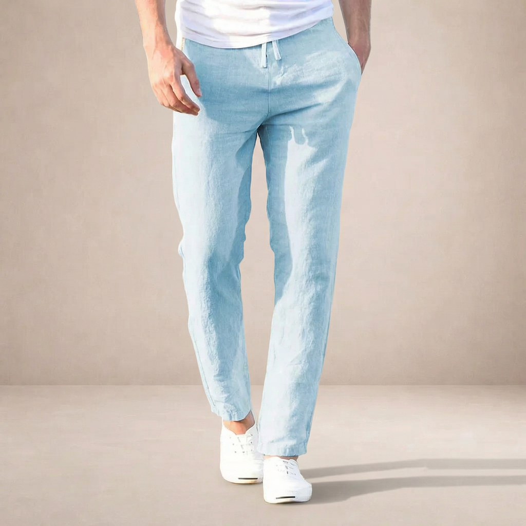 Men's regular fit trousers with an elastic drawstring waist and tapered legs