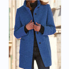 Women's button front coat with raised collar, long sleeves and front pockets