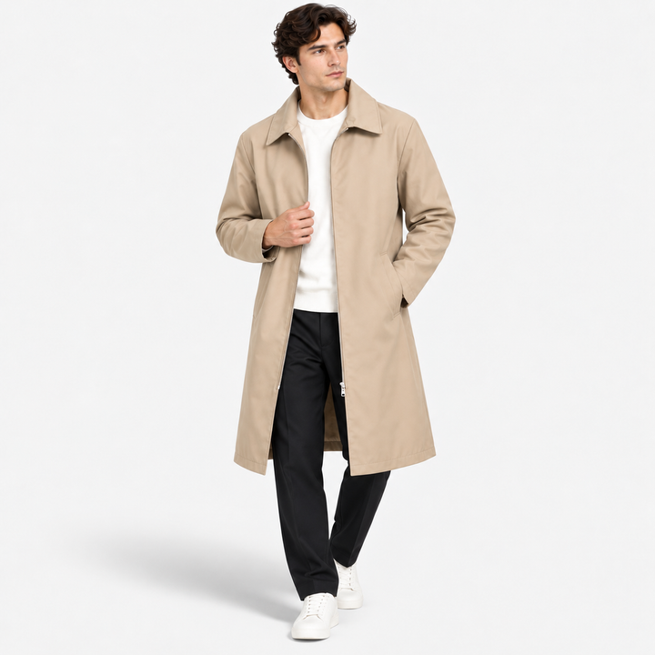 Men's mid-length casual coat with collar and button front