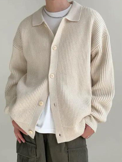 Men's ribbed knit collared cardigan with button front