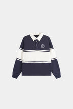Navy and white color block polo sweatshirt with long sleeves
