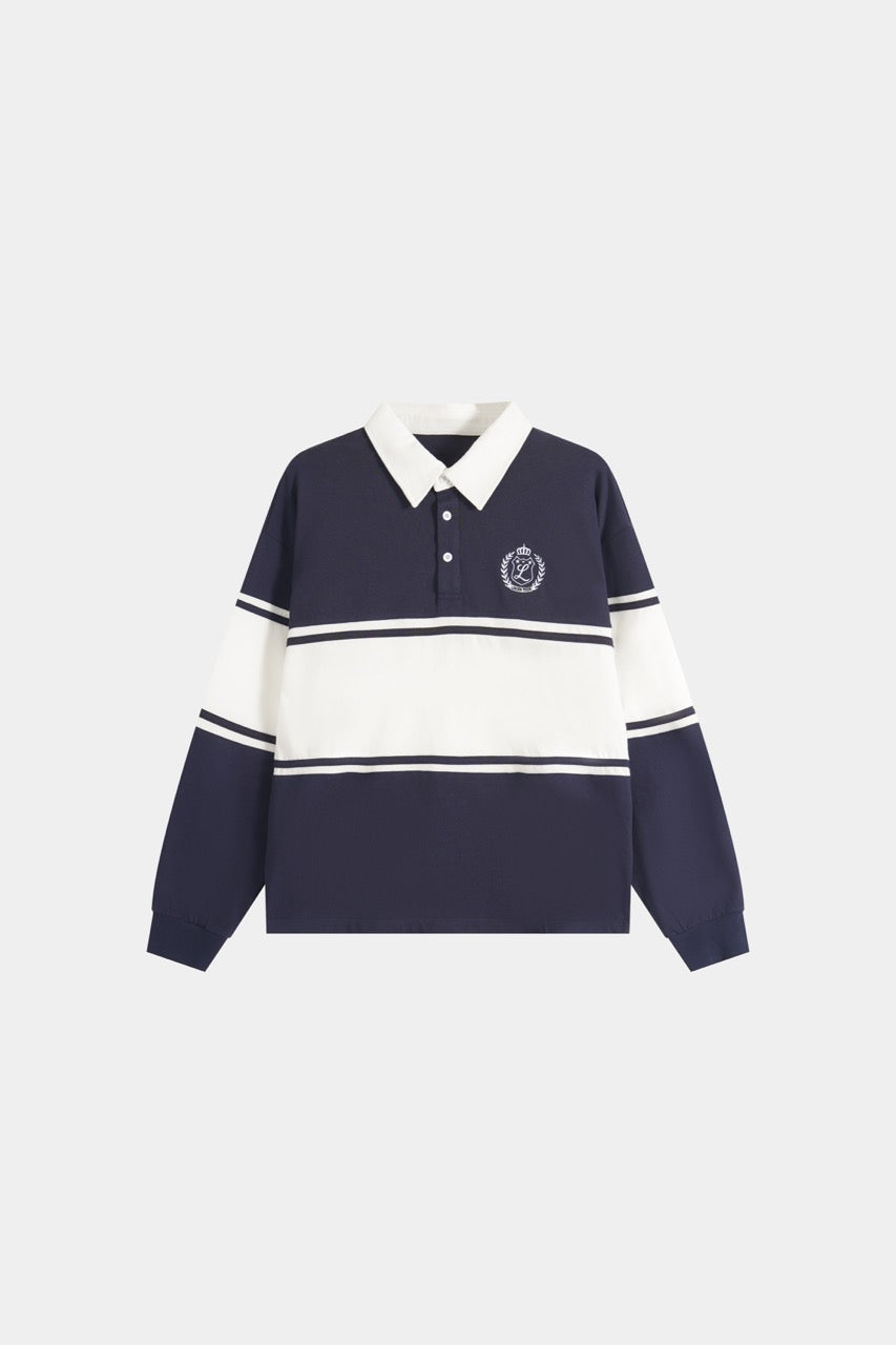 Navy and white color block polo sweatshirt with long sleeves