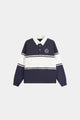 Navy and white color block polo sweatshirt with long sleeves
