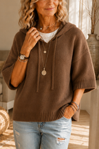 Women's open-knit hoodie with drawstring hood and short sleeves