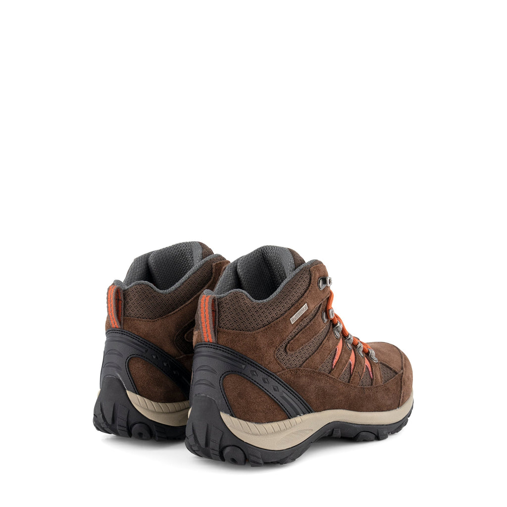 Brown mid-cut hiking boots with orange laces and lugged soles