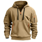 Men's hooded half-zip hoodie with utility pockets and long sleeves