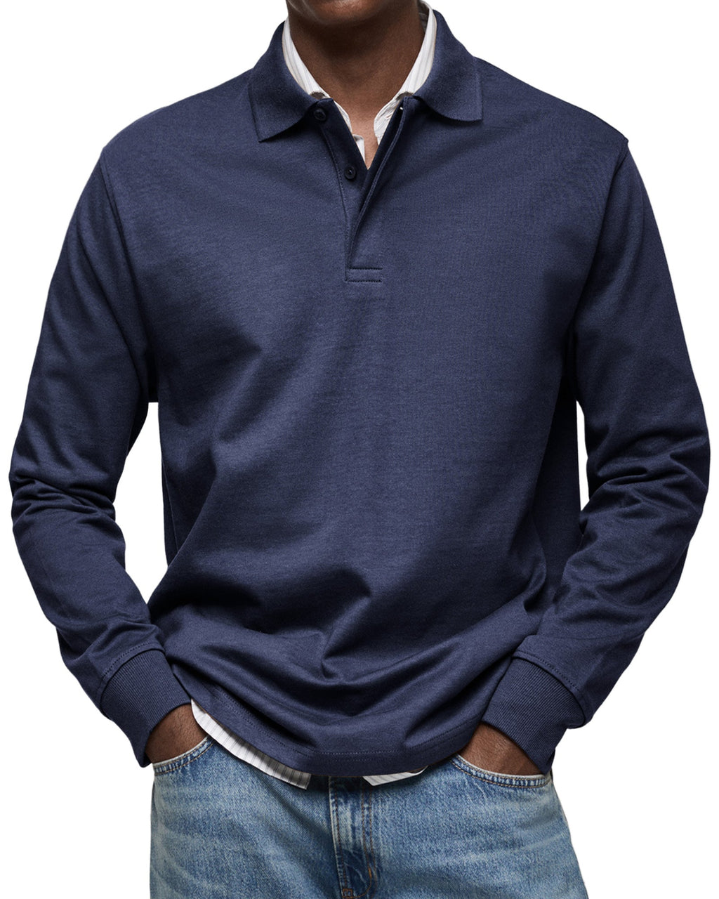 Men's long sleeve polo sweater with collar, button placket and ribbed trims