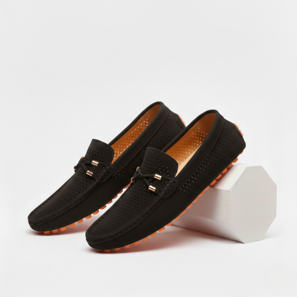 Men's perforated loafers with moc toe stitching and decorative front trim