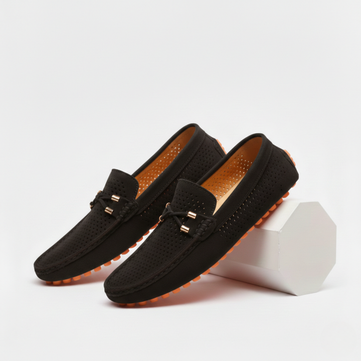 Men's perforated loafers with moc toe stitching and decorative front trim