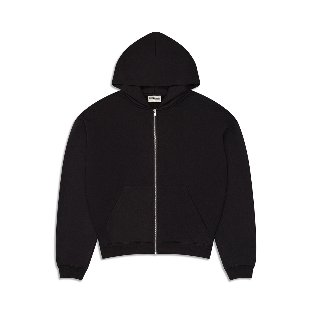 Men's black zip-up hoodie with kangaroo pocket