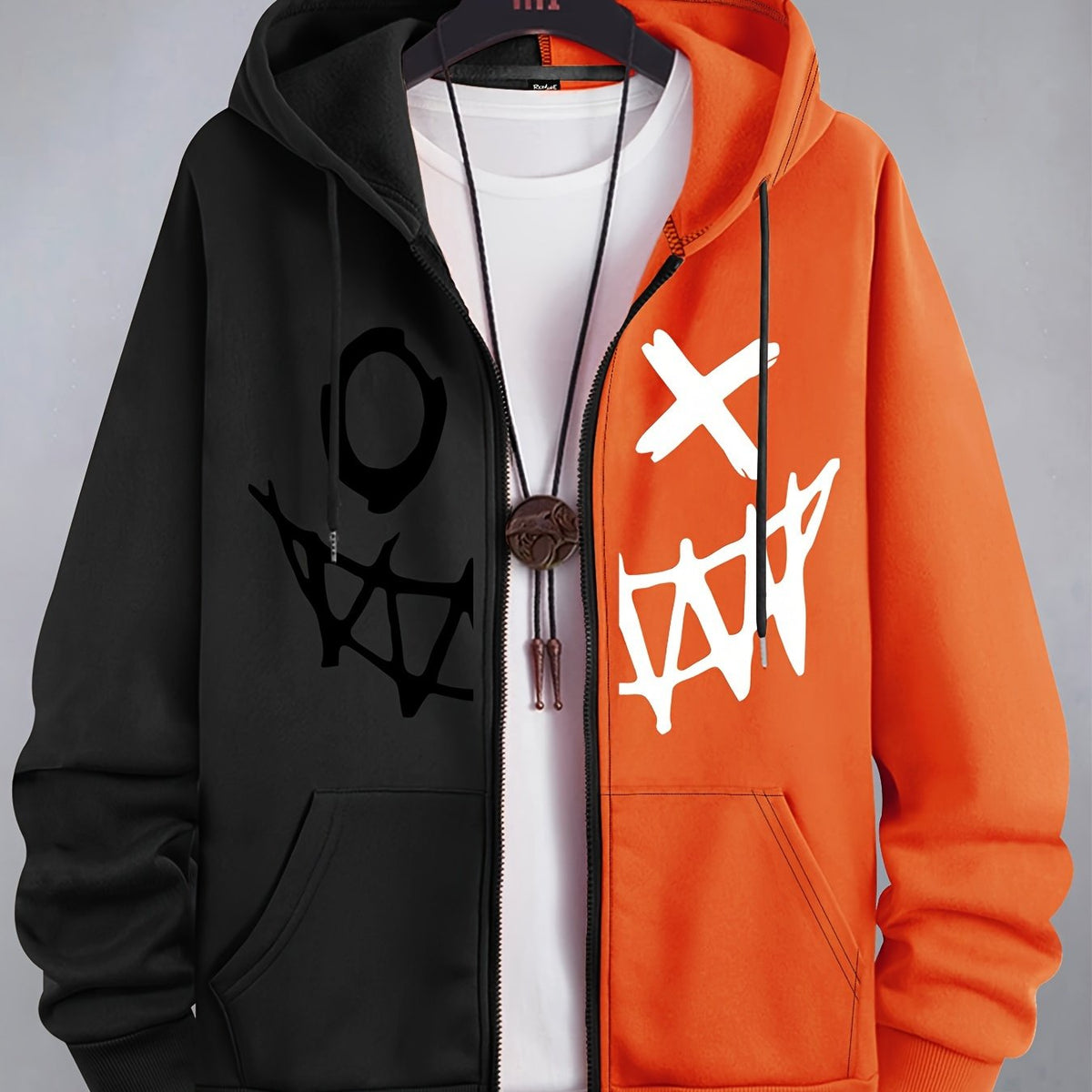 Men's two-tone graphic zip-up hoodie with drawstring hood and front pockets