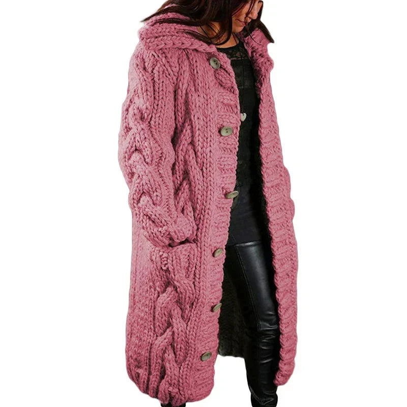 Women's longline hooded cable knit cardigan with button front