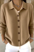 Women's plain knit cardigan with shirt collar, long sleeves and button front